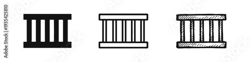 Prison Bars or Jail Cell Icon Set in Solid, Outline, and Hand-Drawn Styles for Crime, Justice, and Confinement