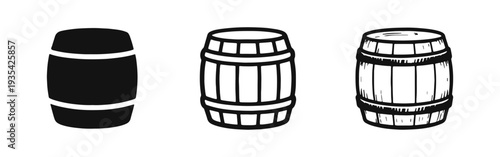 Wooden Barrel Vector Icon Set in Three Styles