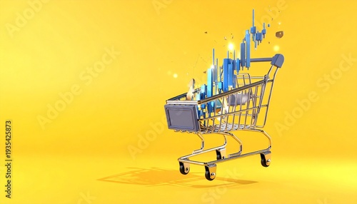 Shopping cart filled with blue bar graphs on a bright yellow background symbolizing data‑driven retail analytics.