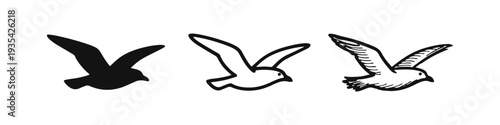 Flying Bird Icon Set. Hand Drawn Silhouette, Outline, and Sketch Style Vector Illustrations of a Soaring Seagull or Dove.