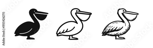 Pelican Icon Set. Hand Drawn Silhouette, Outline, and Sketch Style Vector Illustrations of a Marine Waterfowl Bird.