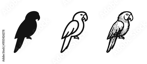 Parrot Icon Set. Hand Drawn Silhouette, Outline, and Sketch Style Vector Illustrations of a Tropical Bird.