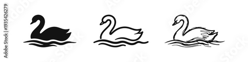 Swan Swimming Icon Set. Hand Drawn Silhouette, Outline, and Sketch Style Vector Illustrations of an Elegant Water Bird.