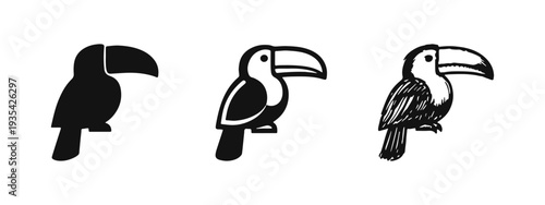 Toucan Icon Set. Hand Drawn Silhouette, Outline, and Sketch Style Vector Illustrations of a Tropical Bird with a Large Beak.