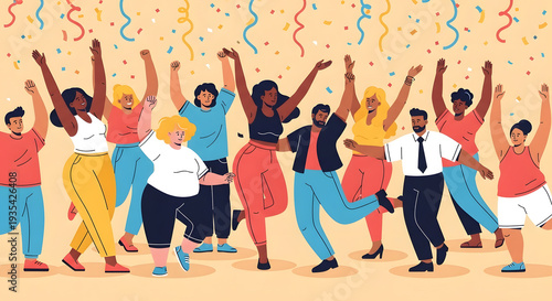 Diverse group of people celebrating, joyful and happy, confetti and streamers, party atmosphere
