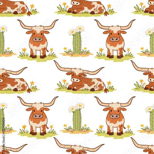 Texas longhorn seamless pattern with cactus and wildflowers in childlike hand drawn style