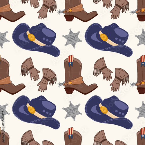 Western cowboy seamless pattern with hat boots gloves and sheriff star in childlike hand drawn style
