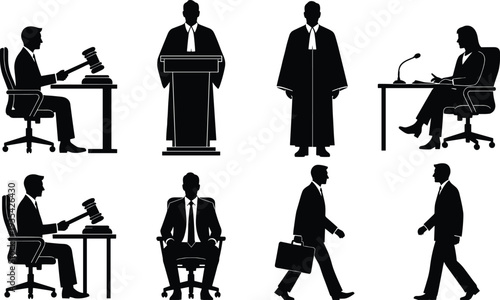 Judge and lawyer silhouettes set with courtroom, gavel and business professionals, legal justice concept vector illustration isolated on white background