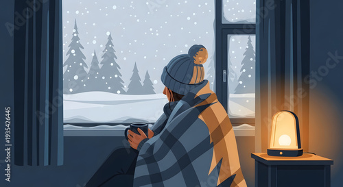 Person in warm clothing looking out window at snowy landscape with a cup