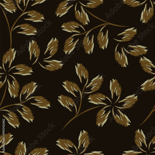 Seamless floral pattern, liberty ditsy print with cute large botany in retro folk style. Beautiful botanical design of hand drawn wild plants: flowers, leaves on black background. Vector illustration