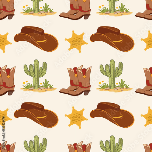 Western cowboy seamless pattern with hat boots cactus and sheriff badge in childlike hand drawn style
