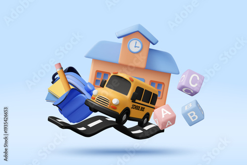 3D vector illustration of yellow school bus on road with school building backpack books and alphabet blocks. Concept for back to school elementary education and learning banner background template.