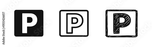 Parking Sign Icon Set: P Symbol in Square Frame for Automotive, Transportation, and Traffic Navigation