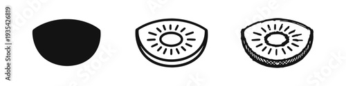 Kiwi Fruit Slice Icons Set: Vertical Cross-Section in Solid, Outline, and Sketch Styles