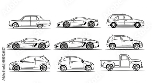 Collection of various car models in detailed line art style for design.