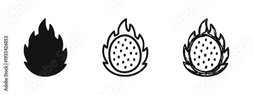 Dragon Fruit Half Icons Set: Pitaya Cross-Section in Solid, Outline, and Doodle Styles