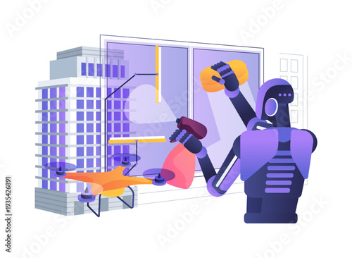 Robotic Window Washing Drone abstract concept vector illustration.