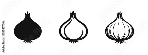 Onion Icon Set. Black and White Outline and Hand-Drawn Sketch Illustrations of Vegetable.