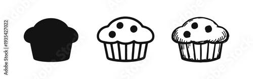 Muffin with Topping Icon Set. Black and White Outline and Hand-Drawn Sketch Illustrations of Sweet Pastry.