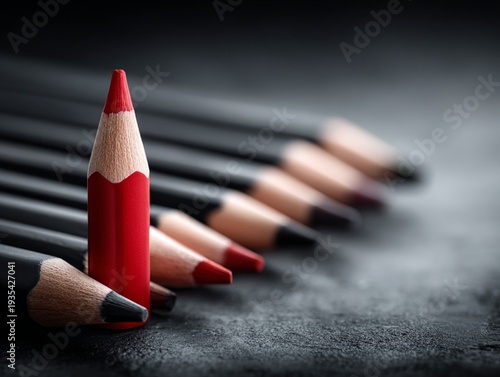 Red Pencil Standing Out Among Black Pencils in Workspace