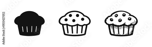 Muffin Icon Set. Black and White Outline and Hand-Drawn Sketch Illustrations of Sweet Baked Good.