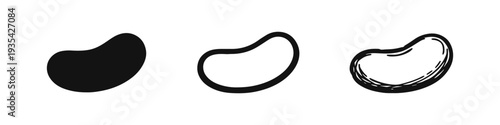 Kidney Bean Icon Set. Black and White Outline and Hand-Drawn Sketch Illustrations of Legume.