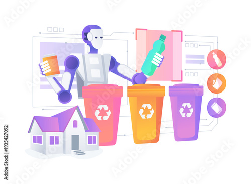 Automated Trash Sorting Robot abstract concept vector illustration.