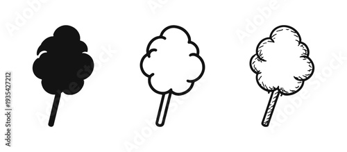 Cotton Candy Icon Set - Fairground Sweet Treat Silhouette, Outline, and Sketch for Carnival Fun