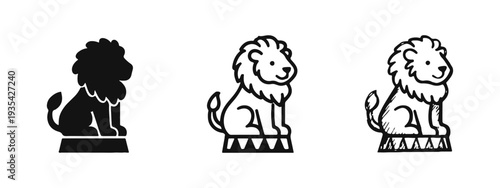 Circus Lion on Pedestal Icon Set - Animal Show Silhouette, Outline, and Sketch for Performance