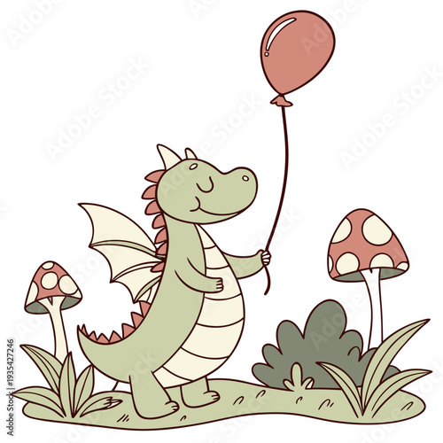Cute Peaceful Dragon, accessorized with with a balloon, in a Fairy forest world – Whimsy Woods palette vector