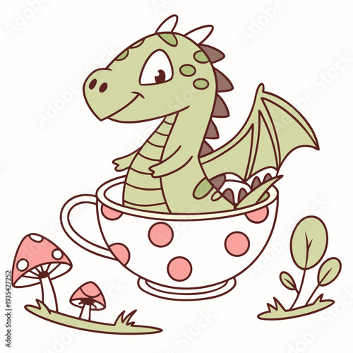 Cute Cheerful Dragon, accessorized with in a teacup, in a Fairy forest world – Whimsy Woods palette vector