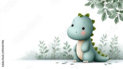Playful Cartoon Dinosaur with Leaves on White Background