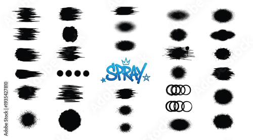 Collection of various black paint brush strokes and spray paint effects isolated on white background