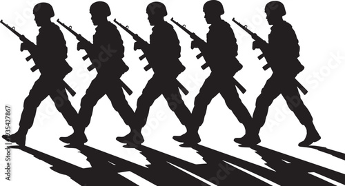 5 Soldiers in Silhouette Marching with Rifles