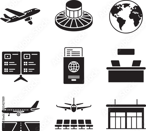 Air Travel Icons Airplane Globe Passport, Check in Airport Terminal