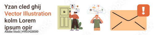 Cybersecurity, data privacy, online communication, personal safety, alert notifications, privacy breaches. A person locking a door, another analyzing data and an alert on an envelope. Cybersecurity