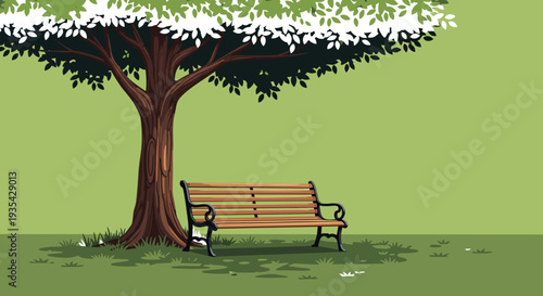 Park Bench Under a Tree: Serene Spot for Relaxation, Conceptual Nature Illustration isolated on transparent background for Summer, Spring Designs and Peaceful Landscapes.