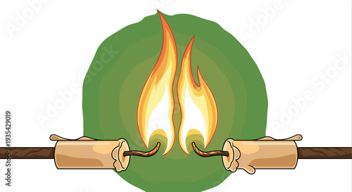 Cartoon Marshmallows Roasting on Fire, Summer Camp Fun. Two Sweet Marshmallows on Sticks, isolated on transparent background, Cooked Over a Campfire. Graphic Vector Illustration.
