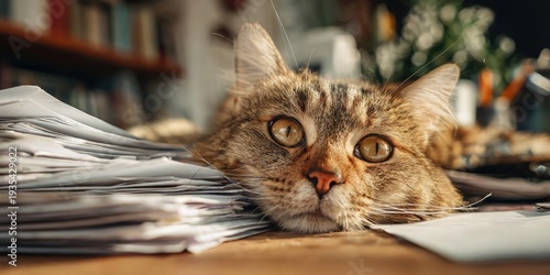 Wallpaper Mural Sleepy tabby domestic cat with golden eyes resting on messy office papers on wooden desk against blurred bookcase and plants in warm afternoon light, concept of remote work fatigue Torontodigital.ca