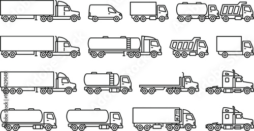 Large Heavy Truck and Logistics Line Icon Set Featuring Semi Trailers, Tanker Trucks, Delivery Vans, and Dump Trucks for Freight Shipping and Cargo Transportation Graphic Designs