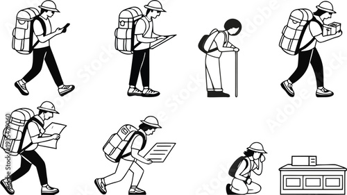 Minimalist hiker vector icons set featuring diverse backpackers walking, navigating with maps, using smartphones, and exploring nature in a clean flat line art style.
