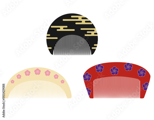 和柄の櫛 イラスト 蒔絵風のデザインと梅の花の装飾 日本文化の伝統的な美容小物 セット