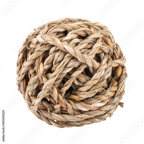 Wicker straw ball-shaped toy for rodents, rabbits, and hamsters, isolated on a white background