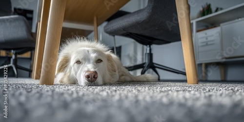 Wallpaper Mural White mixed breed dog resting on gray office carpet under wooden desk and black swivel chair in modern open space interior, concept of calm work from home companionship Torontodigital.ca