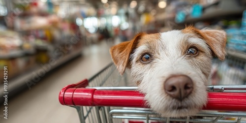 Wallpaper Mural Curious jack russell terrier leans on red shopping cart handle in bright supermarket aisle with blurred shelves and lights, concept of pet friendly retail experience Torontodigital.ca