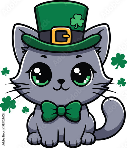 Adorable Cartoon Gray Cat Wearing a Festive Green St. Patrick's Day Hat and Bowtie