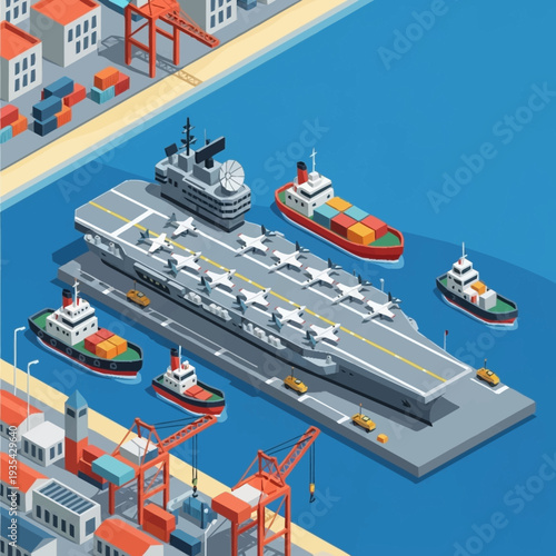 Aircraft Carrier with Support Ships Docked.