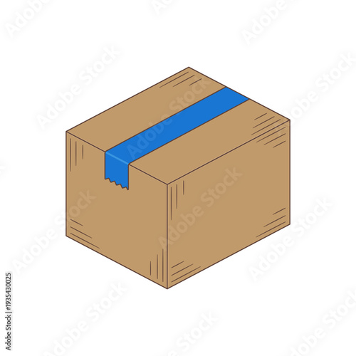 Brown cardboard box with blue tape icon, without background