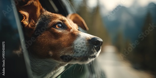 Wallpaper Mural Curious beagle dog sticking head from car window on forest highway with distant mountains in soft blur, enjoying wind and scents, concept of canine freedom and road trip adventure Torontodigital.ca