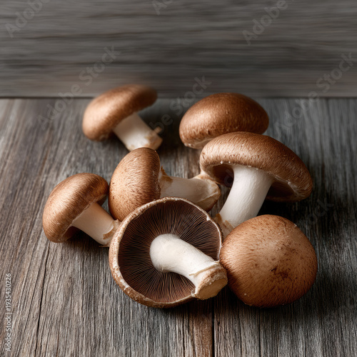 Fresh shiitake mushrooms with brown caps on rustic wooden surface, natural texture, healthy food ingredient, earthy and organic feel
